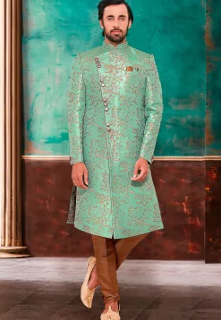 Woven Art Silk Jacquard Sherwani in Sea Green
