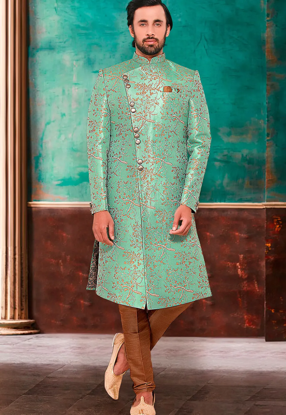 Woven Art Silk Jacquard Sherwani in Sea Green