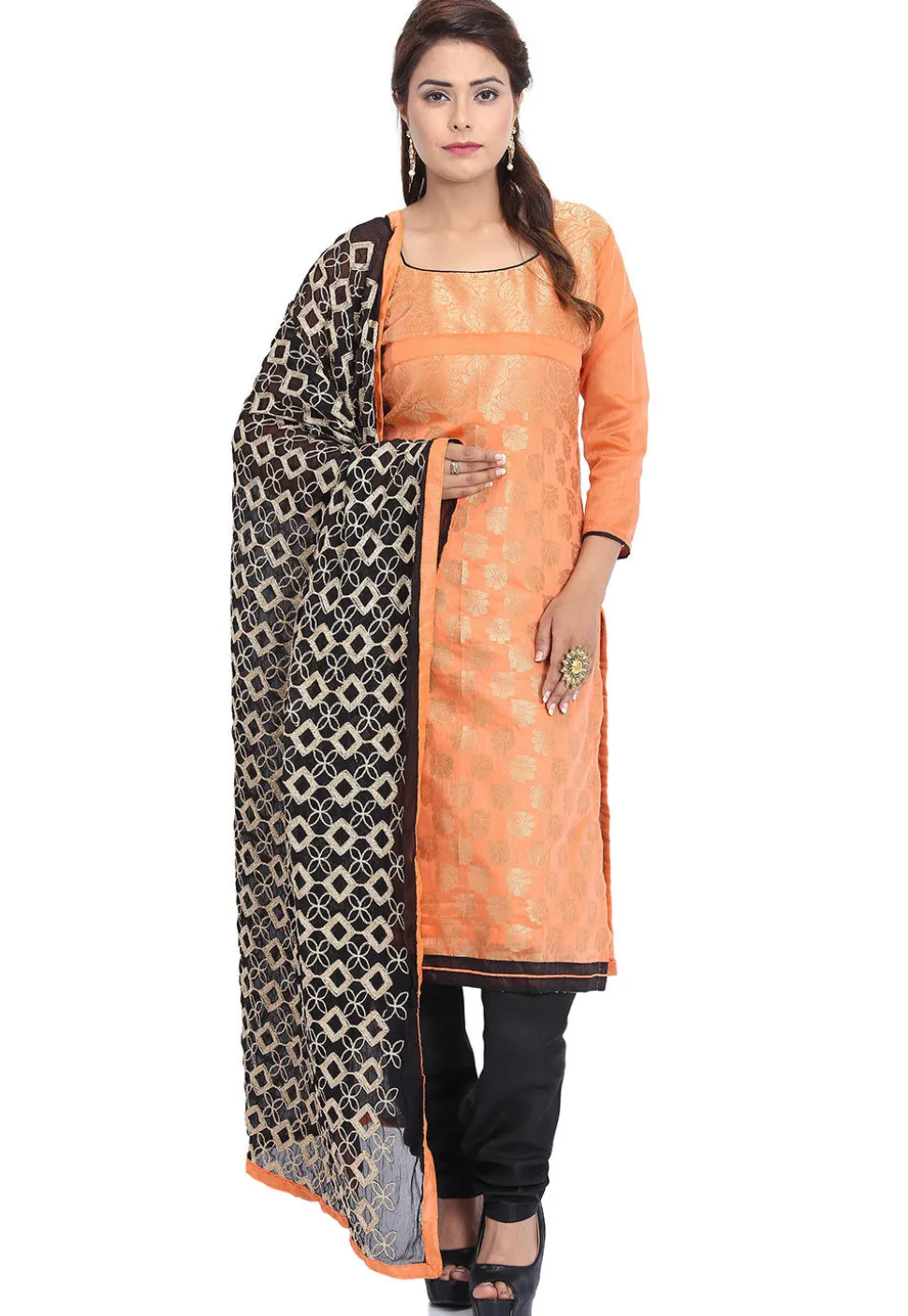 Woven Art Silk Jacquard Straight Suit in Orange