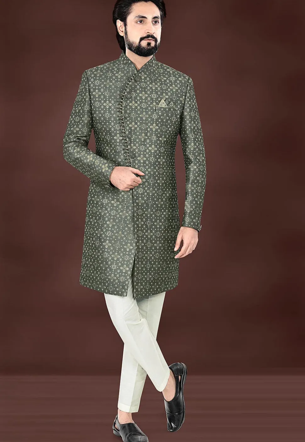Woven Art Silk Jacquard Sherwani in Olive Green