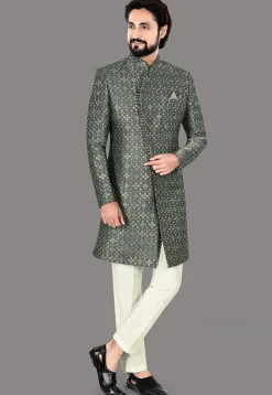 Woven Art Silk Jacquard Sherwani in Olive Green