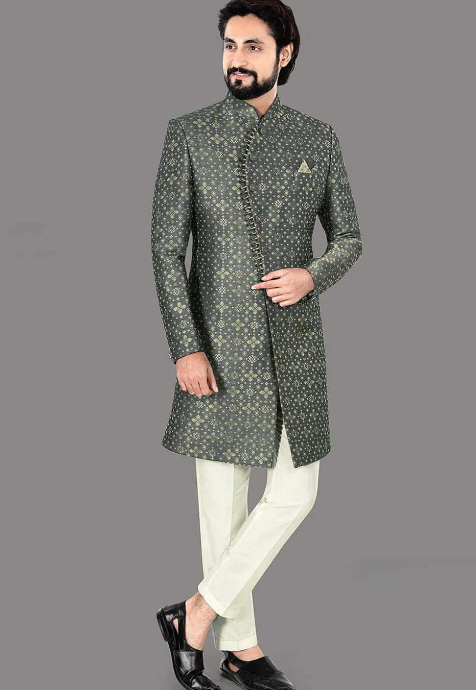 Woven Art Silk Jacquard Sherwani in Olive Green