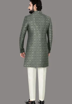Woven Art Silk Jacquard Sherwani in Olive Green