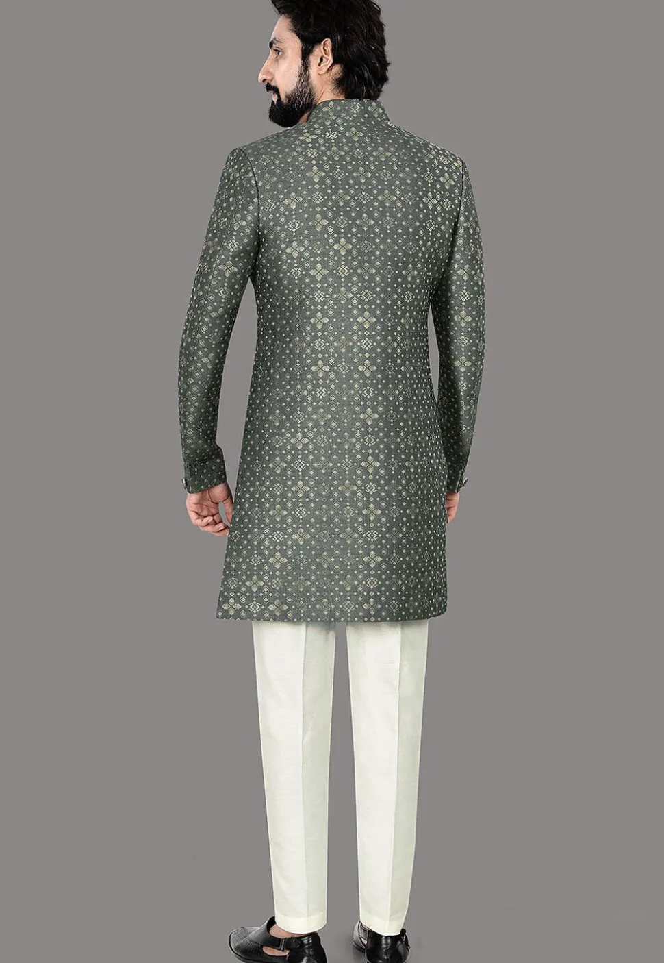 Woven Art Silk Jacquard Sherwani in Olive Green