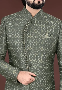 Woven Art Silk Jacquard Sherwani in Olive Green