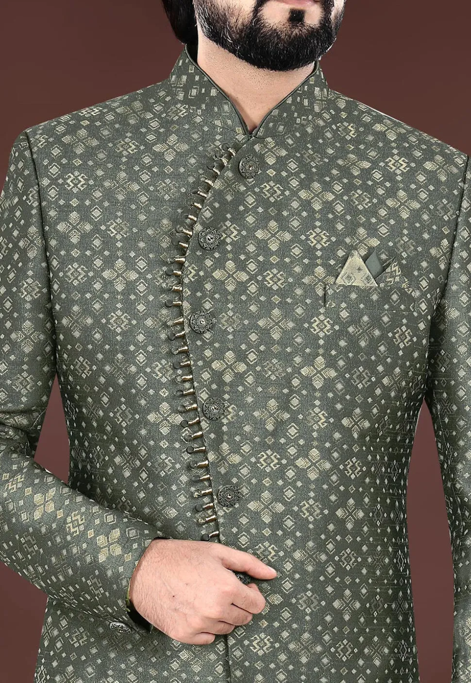 Woven Art Silk Jacquard Sherwani in Olive Green