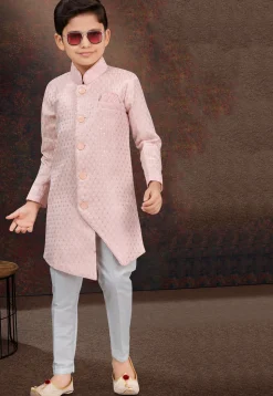 Woven Art Silk Jacquard Sherwani in Pink