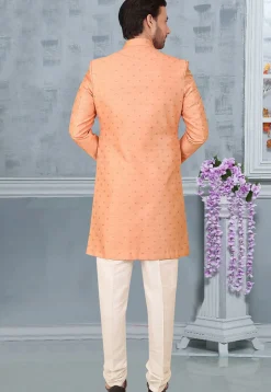 Woven Art Silk Jacquard Sherwani in Peach