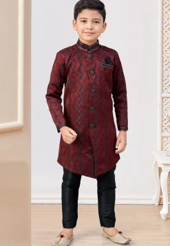 Woven Art Silk Jacquard Sherwani in Maroon