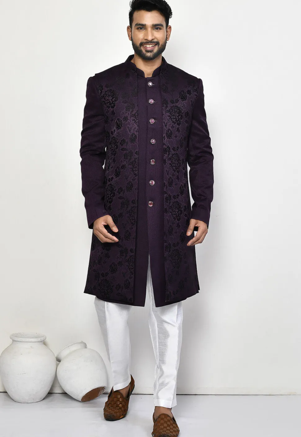 Woven Art Silk Jacquard Sherwani in Purple