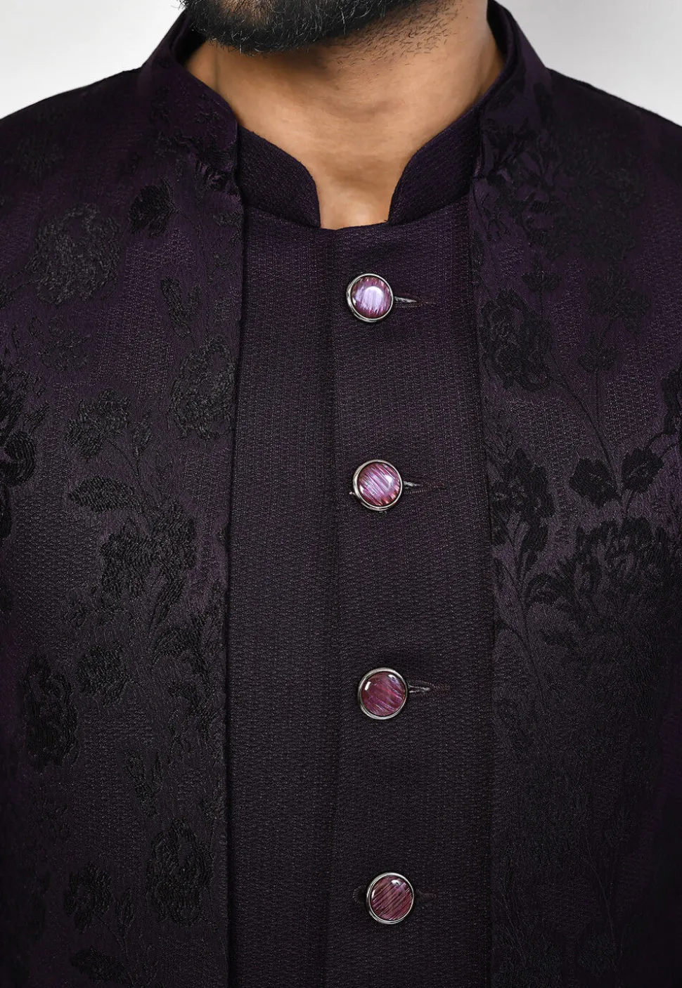 Woven Art Silk Jacquard Sherwani in Purple