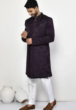 Woven Art Silk Jacquard Sherwani in Purple