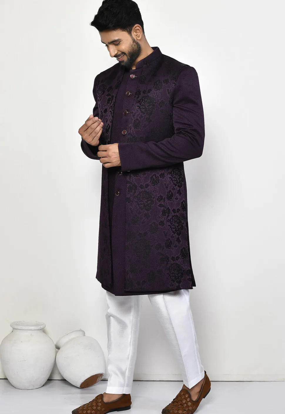 Woven Art Silk Jacquard Sherwani in Purple