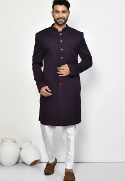 Woven Art Silk Jacquard Sherwani in Purple