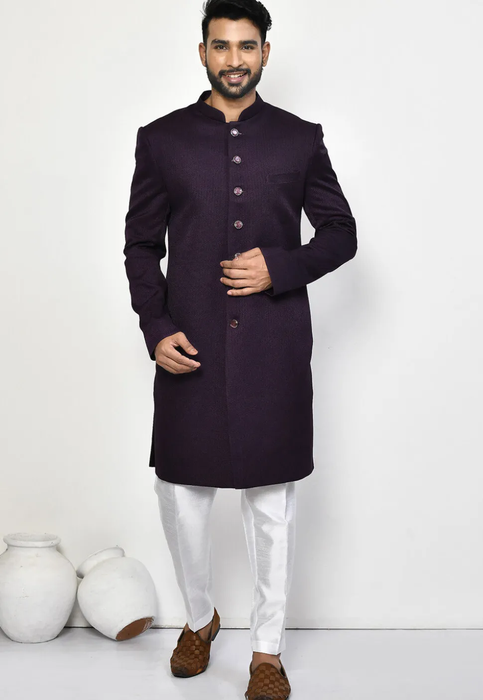 Woven Art Silk Jacquard Sherwani in Purple