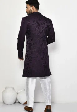 Woven Art Silk Jacquard Sherwani in Purple