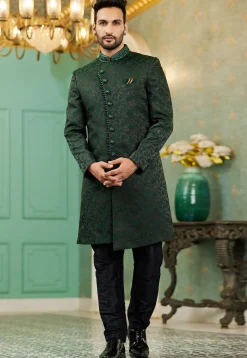 Woven Art Silk Jacquard Sherwani in Black and Dark Green