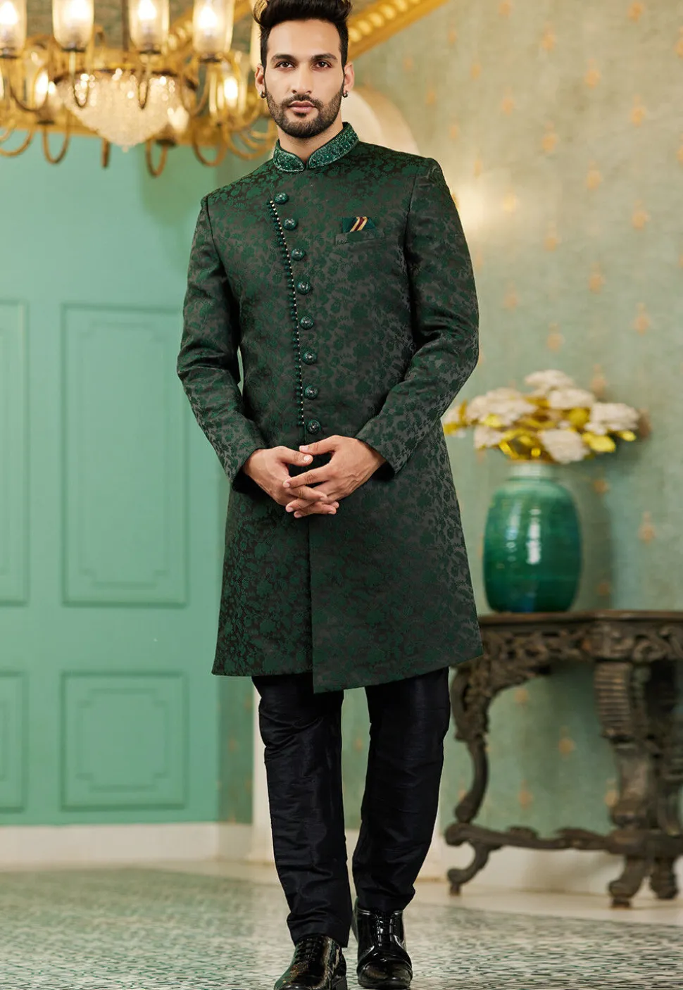 Woven Art Silk Jacquard Sherwani in Black and Dark Green