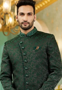 Woven Art Silk Jacquard Sherwani in Black and Dark Green