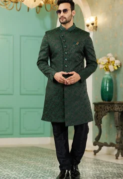 Woven Art Silk Jacquard Sherwani in Black and Dark Green