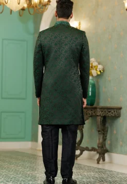 Woven Art Silk Jacquard Sherwani in Black and Dark Green