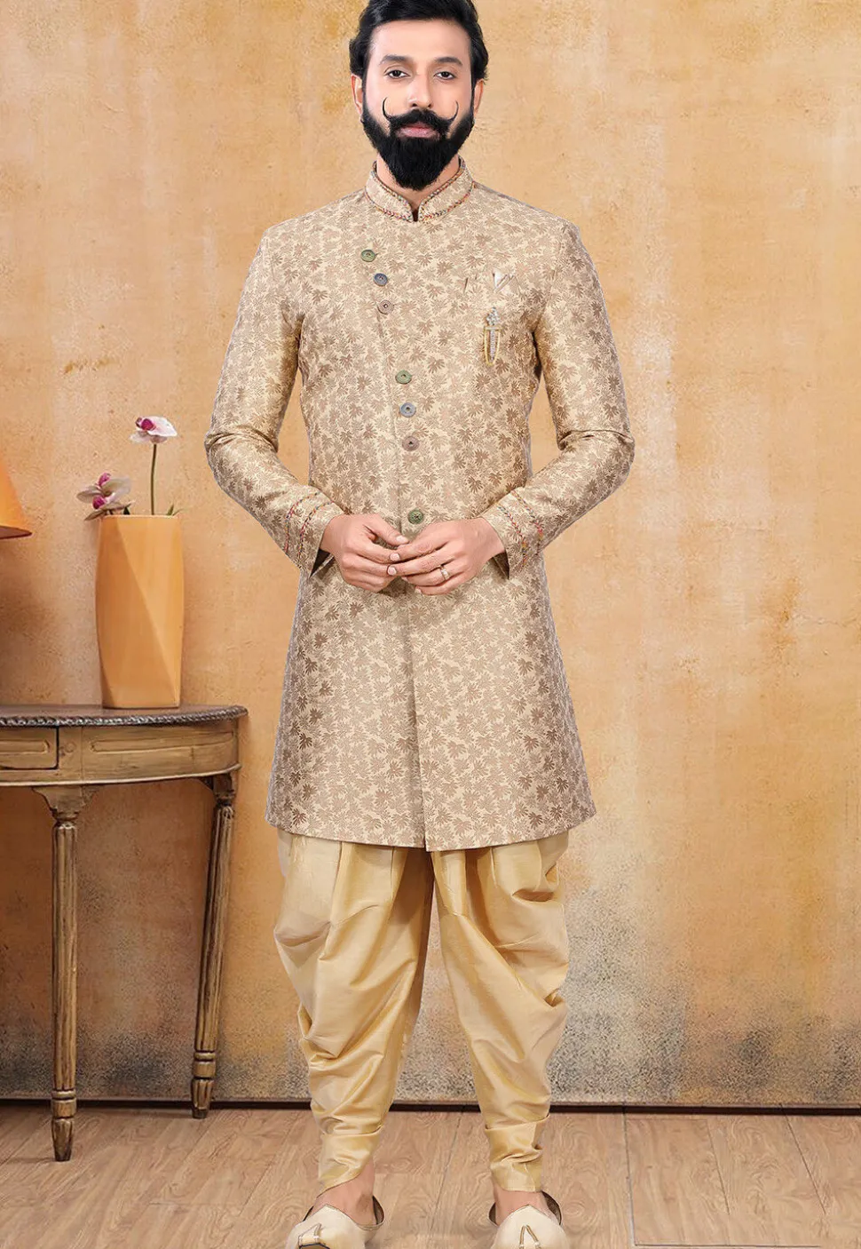 Woven Art Silk Jacquard Sherwani in Beige