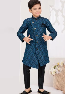 Woven Art Silk Jacquard Sherwani in Blue and Black