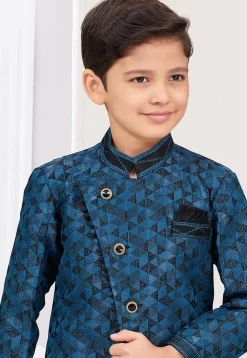 Woven Art Silk Jacquard Sherwani in Blue and Black