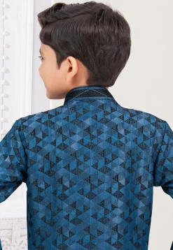 Woven Art Silk Jacquard Sherwani in Blue and Black