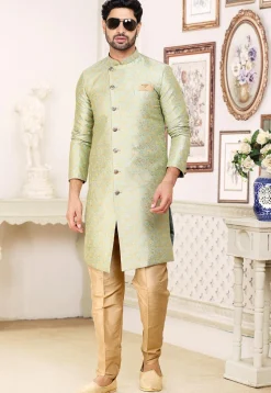 Woven Art Silk Jacquard Sherwani in Pastel Green