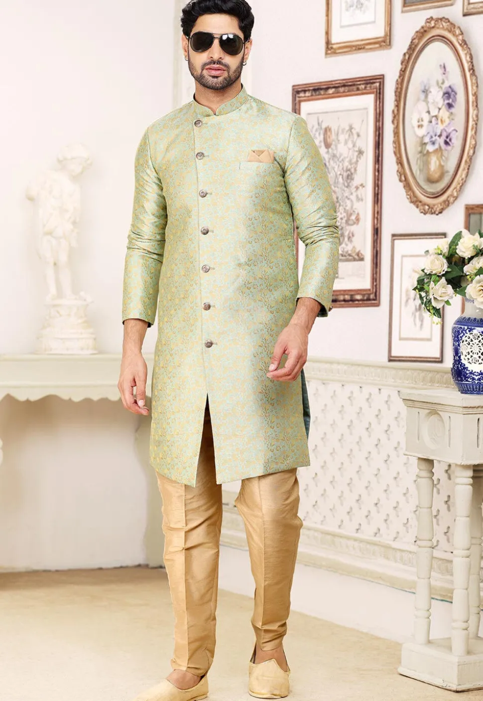 Woven Art Silk Jacquard Sherwani in Pastel Green