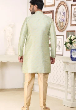 Woven Art Silk Jacquard Sherwani in Pastel Green