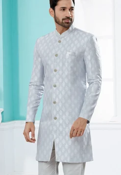 Woven Art Silk Jacquard Sherwani in Sky Blue