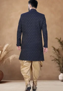 Woven Art Silk Jacquard Sherwani in Navy Blue
