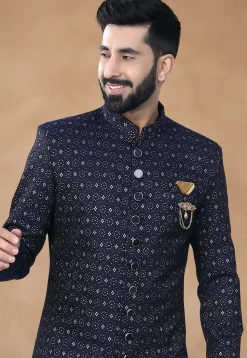 Woven Art Silk Jacquard Sherwani in Navy Blue