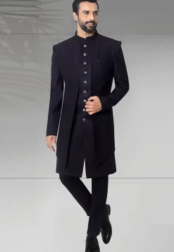 Woven Art Silk Jacquard Sherwani in Navy Blue