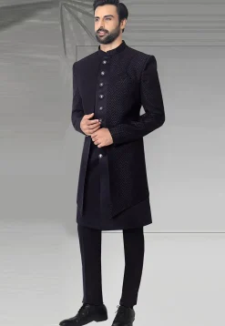 Woven Art Silk Jacquard Sherwani in Navy Blue