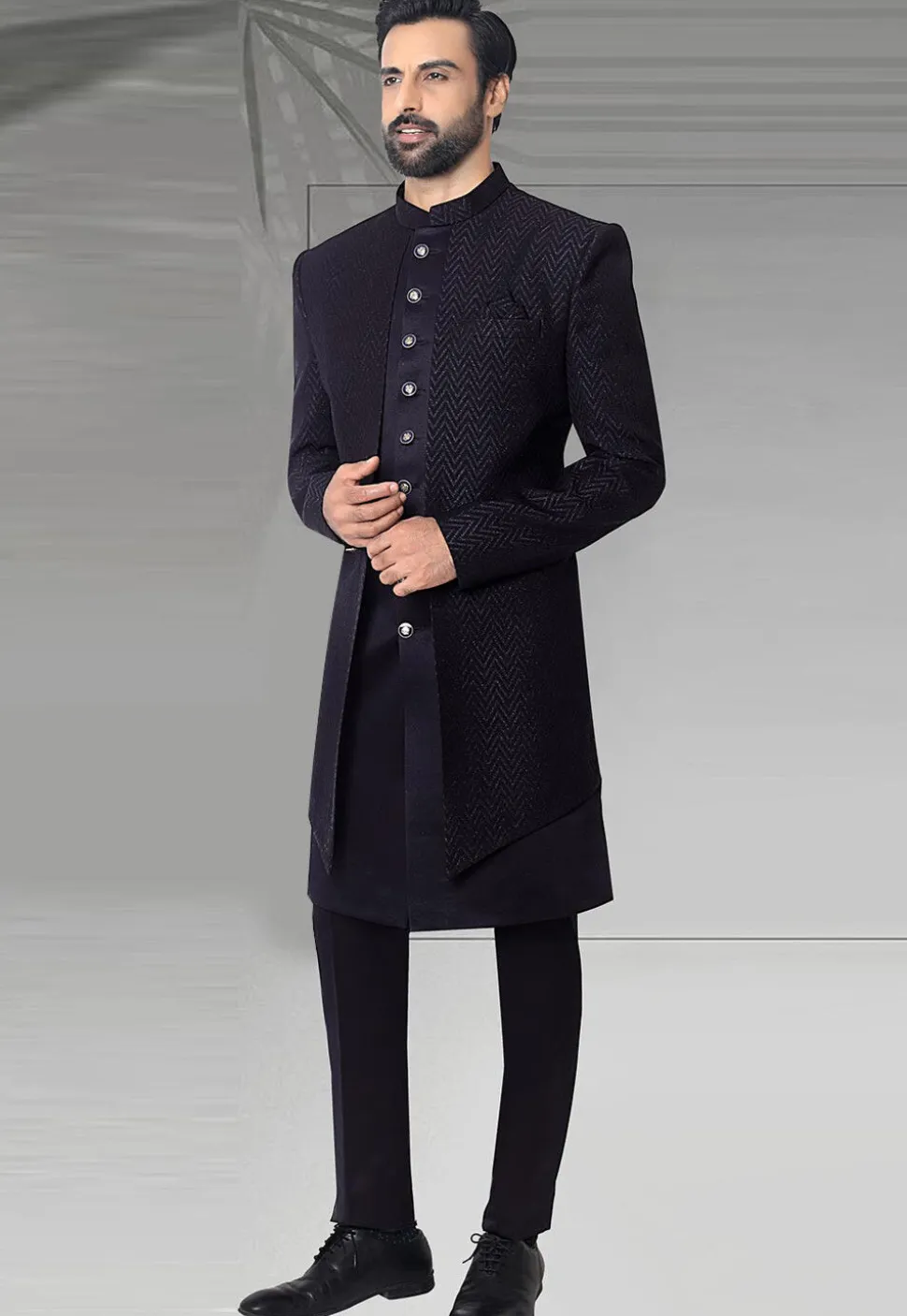 Woven Art Silk Jacquard Sherwani in Navy Blue
