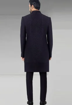 Woven Art Silk Jacquard Sherwani in Navy Blue