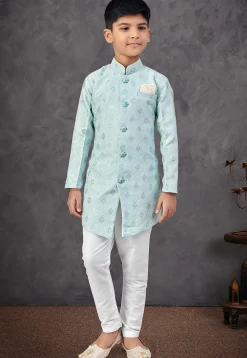 Woven Art Silk Jacquard Sherwani in Sky Blue