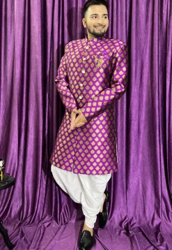 Woven Art Silk Jacquard Sherwani in Purple