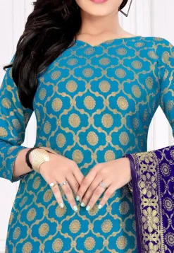 Woven Art Silk Jacquard Straight Suit in Blue