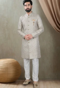 Woven Art Silk Jacquard Sherwani in Light Green