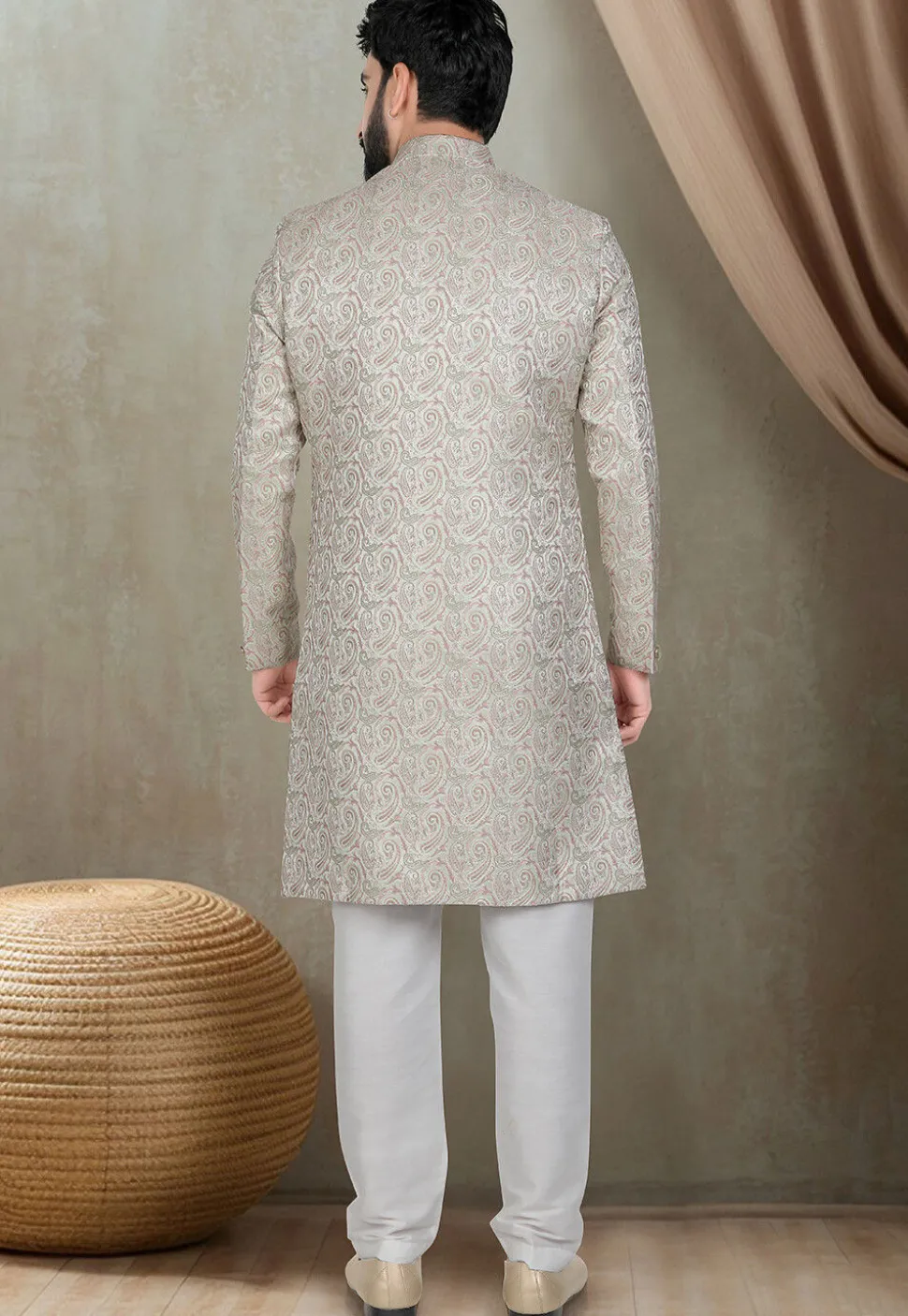 Woven Art Silk Jacquard Sherwani in Light Green