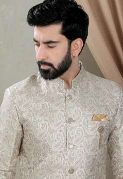 Woven Art Silk Jacquard Sherwani in Light Green