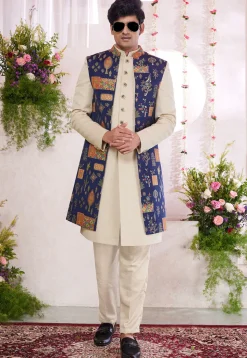 Woven Art Silk Jacquard Sherwani in Cream