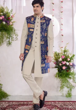 Woven Art Silk Jacquard Sherwani in Cream