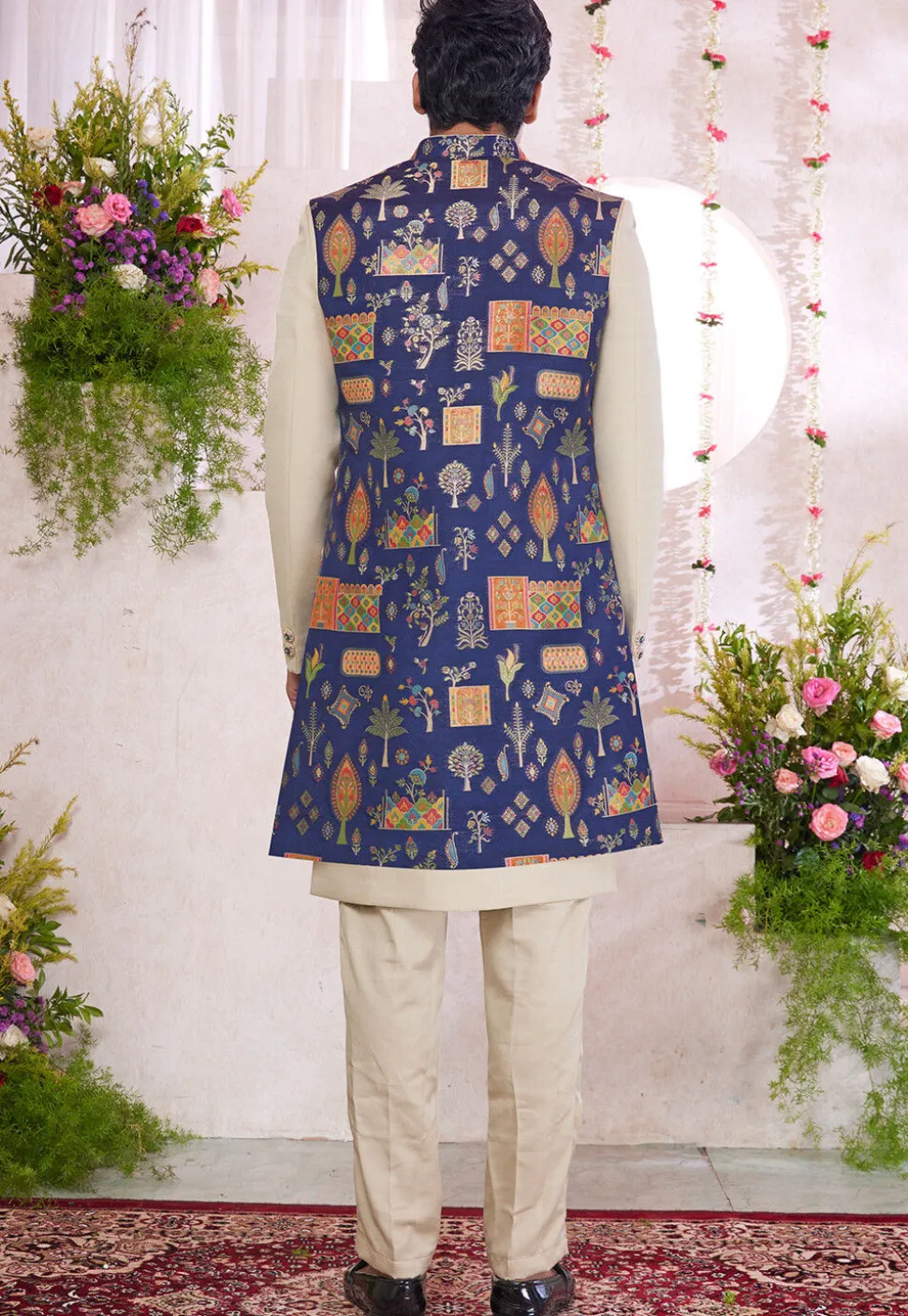 Woven Art Silk Jacquard Sherwani in Cream
