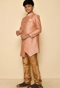 Woven Art Silk Jacquard Sherwani Set in Peach