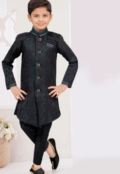 Woven Art Silk Jacquard Sherwani in Black